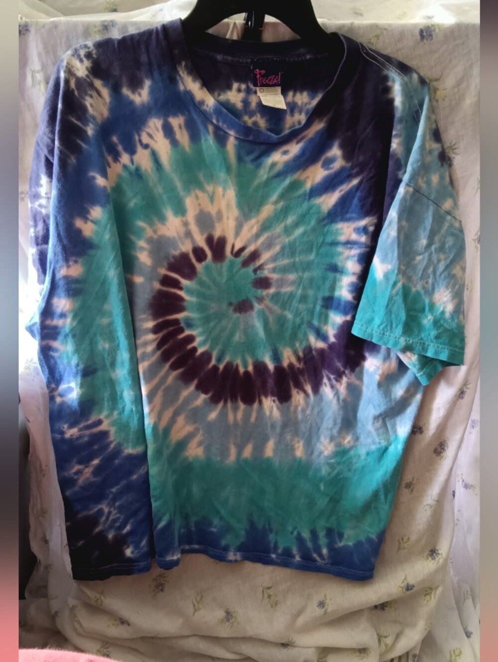 Freeze Tie-Dye Tee in Blue and Teal with Pink Logo Tag